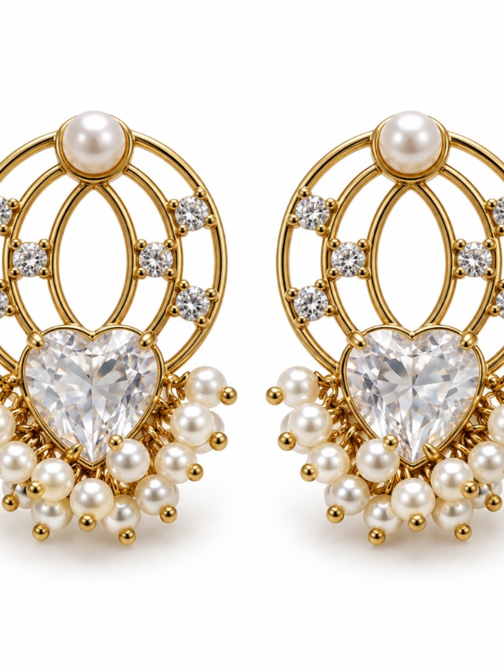 Gold-Tone Pearl & Heart Crystal Statement Earrings
